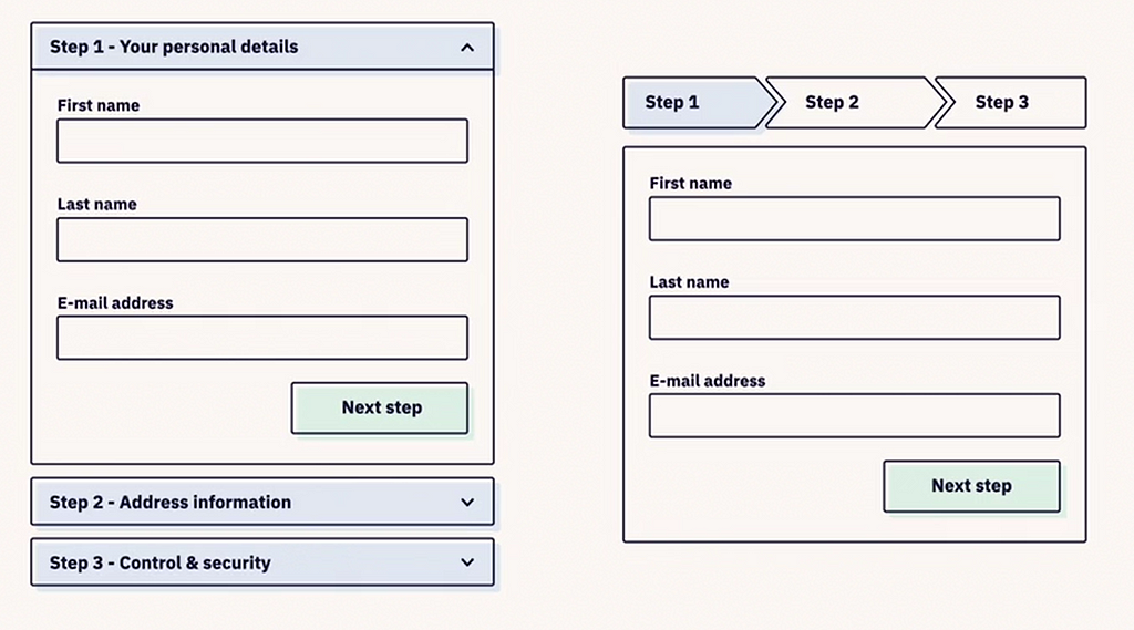Two examples of forms that help the user focus on individual tasks