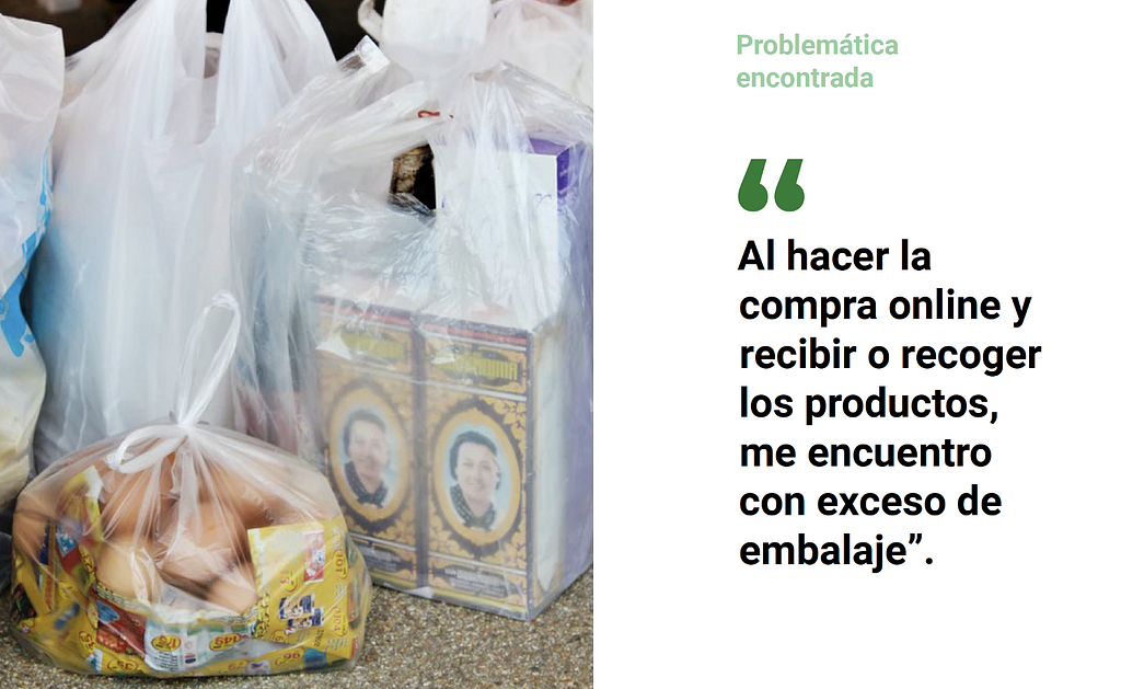 Se muestran varias bolsas con compra del supermercado sobre el suelo. Posteriormente de lee “Problemática encontrada: ‘Al hacer la compra online y recibir o recoger los productos, me encuentro con exceso de embalaje’.”