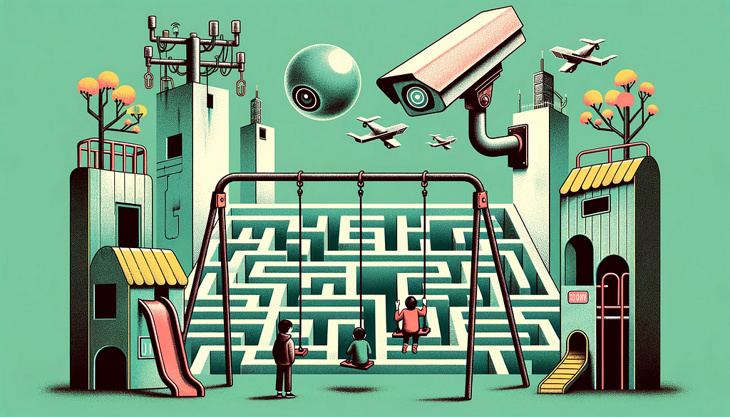 Meta-modern style illustration of children observing tech-dystopia themed playground equipment, like a rusty swing set overshadowed by surveillance cameras, and a maze representing technological disconnection where children look lost.