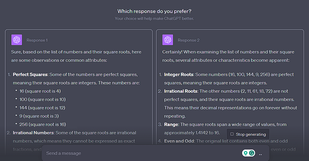 ChatGPT interface showing two response options with the query ‘Which response do you prefer?’ Users are prompted to select one, accompanied by the message ‘Your choice will help make ChatGPT better’.