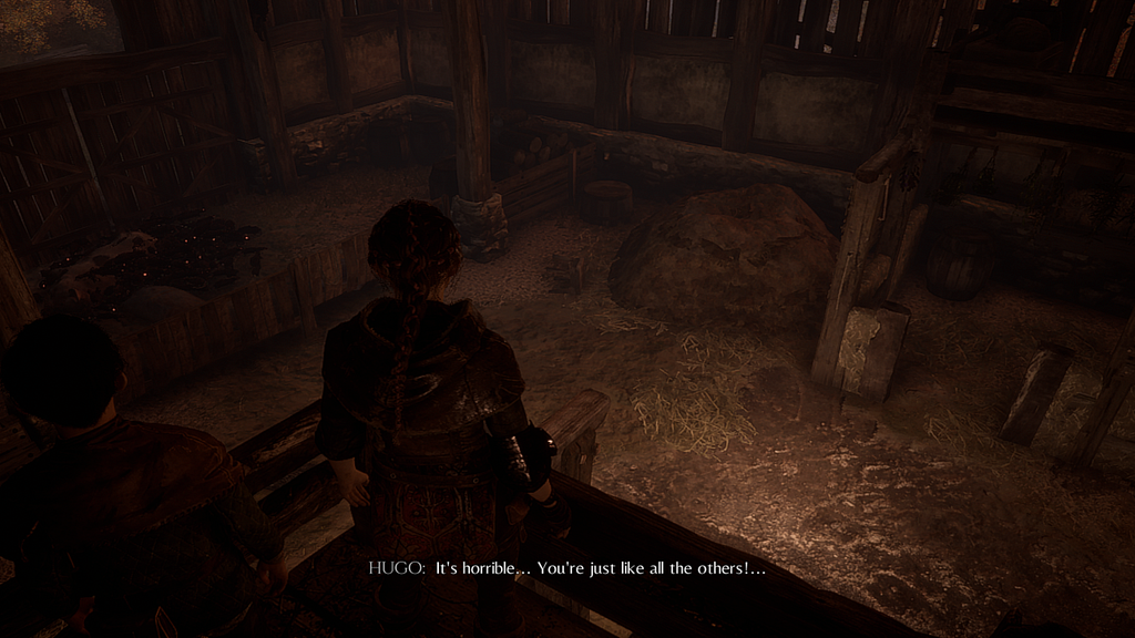 A swarm of rats eating a pig, clearing the barn floor. “Hugo: It’s horrible… You’re just like all the others!”