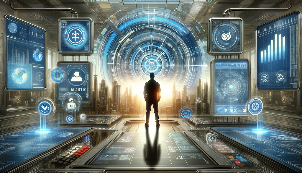 “A widescreen image depicting a less prominent white male digital marketer in a futuristic setting. The background is filled with high-tech screens displaying various aspects of digital media, including data analytics, social media icons, and digital data streams.