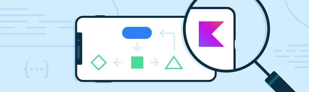 Image of a phone with a flow chart and a magnifying glass showing the Kotlin logo