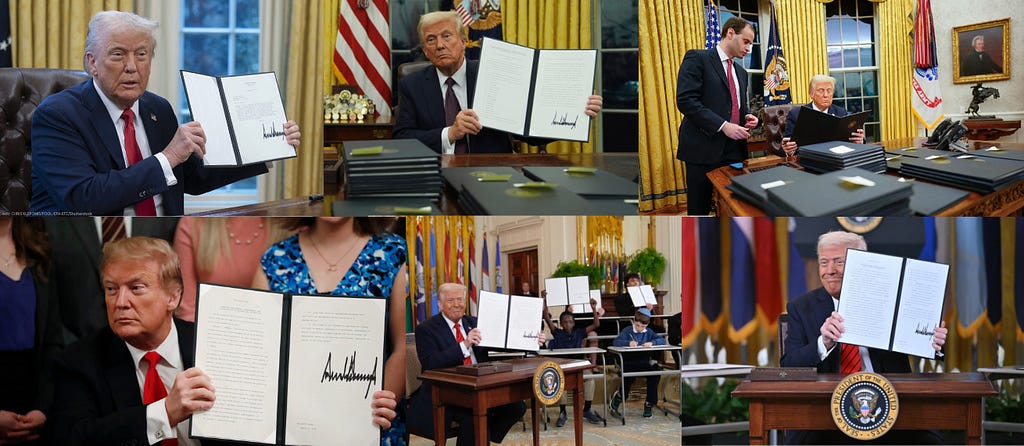 A montage of photos showing President Trump signing Executive Orders in the Oval Office, holding them up like an eight-year-old proudly displaying his school work.
