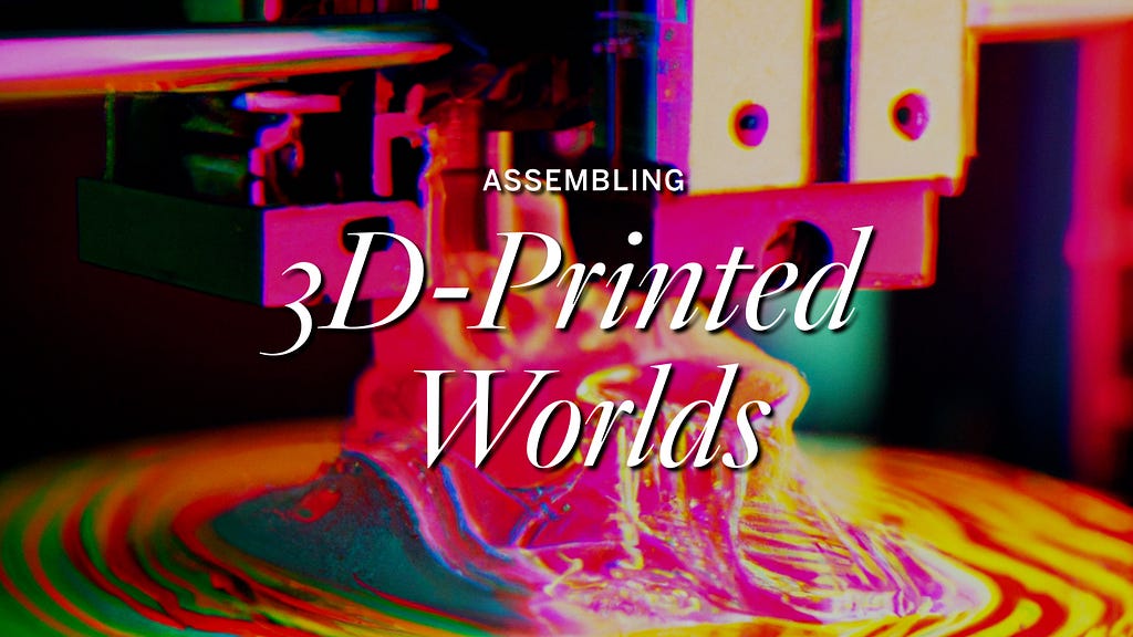 AI-generated image of a close-up 3D printer in bright pink and yellow and the words “3D-Printed Worlds”