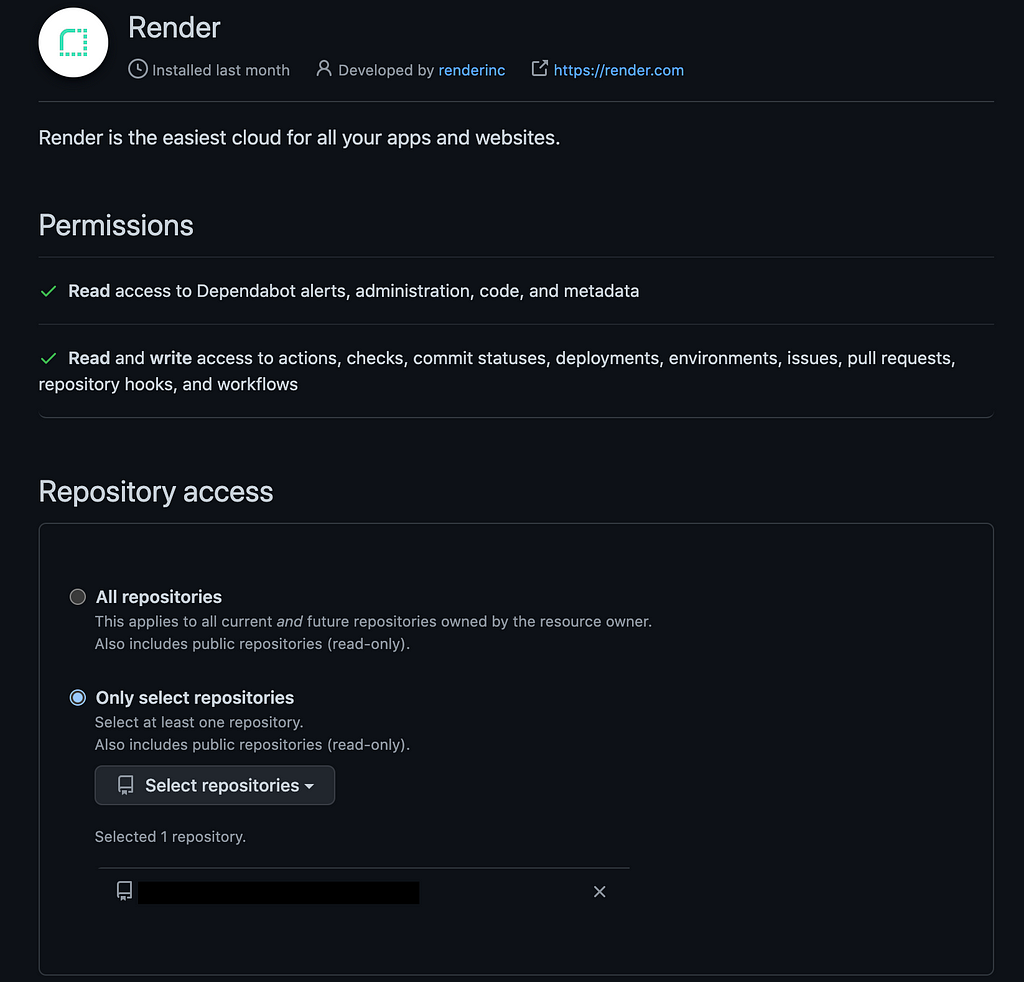 Page within a github account requesting to allow read and write access to specific github repositories.