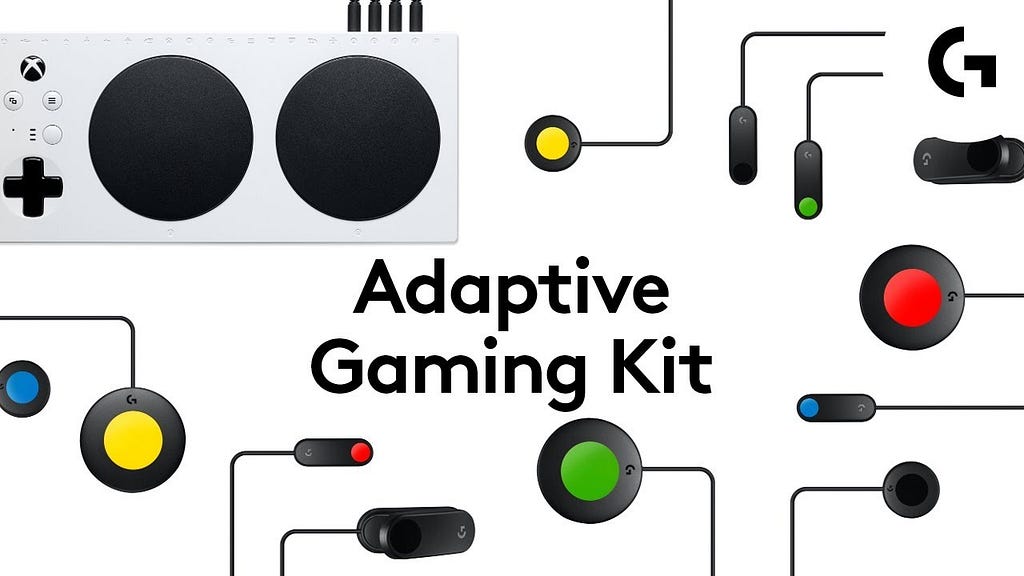 Colorful gaming control buttons surrounding text that says “Adaptive Gaming Kit”