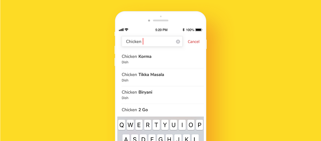 Just Eat predictive dish search screen visual for iOS