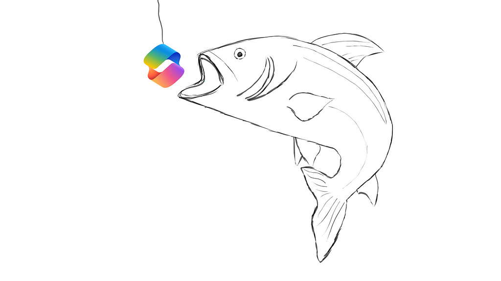 A fish, attempting to consume the Microsoft Copilot Logo, represented as a lure.