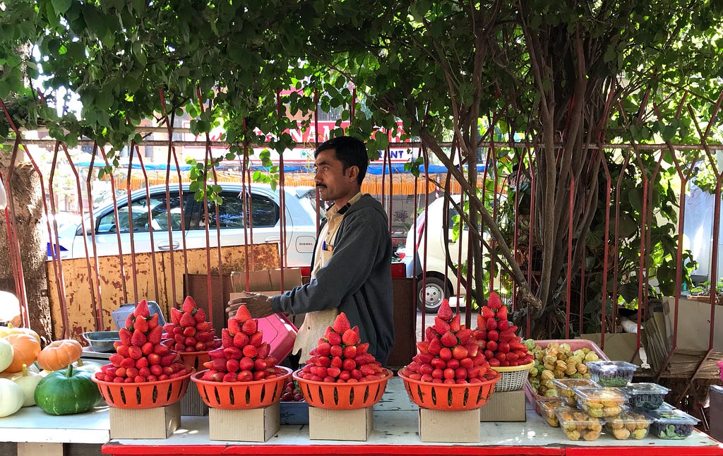 Vendor selling strawberry, gooseberry and raspberry in Mahabaleshwar-Panchgani