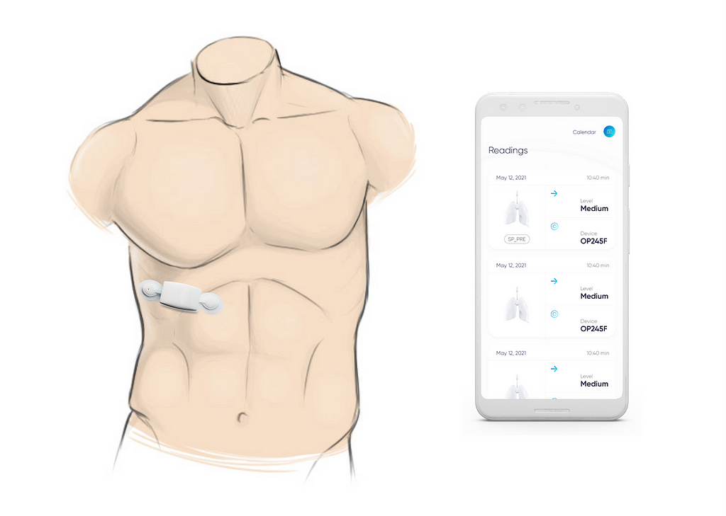 The device attaches to the patient’s chest and injects sound through the thoracic cavity, listens back to it, and captures changes in resonance
