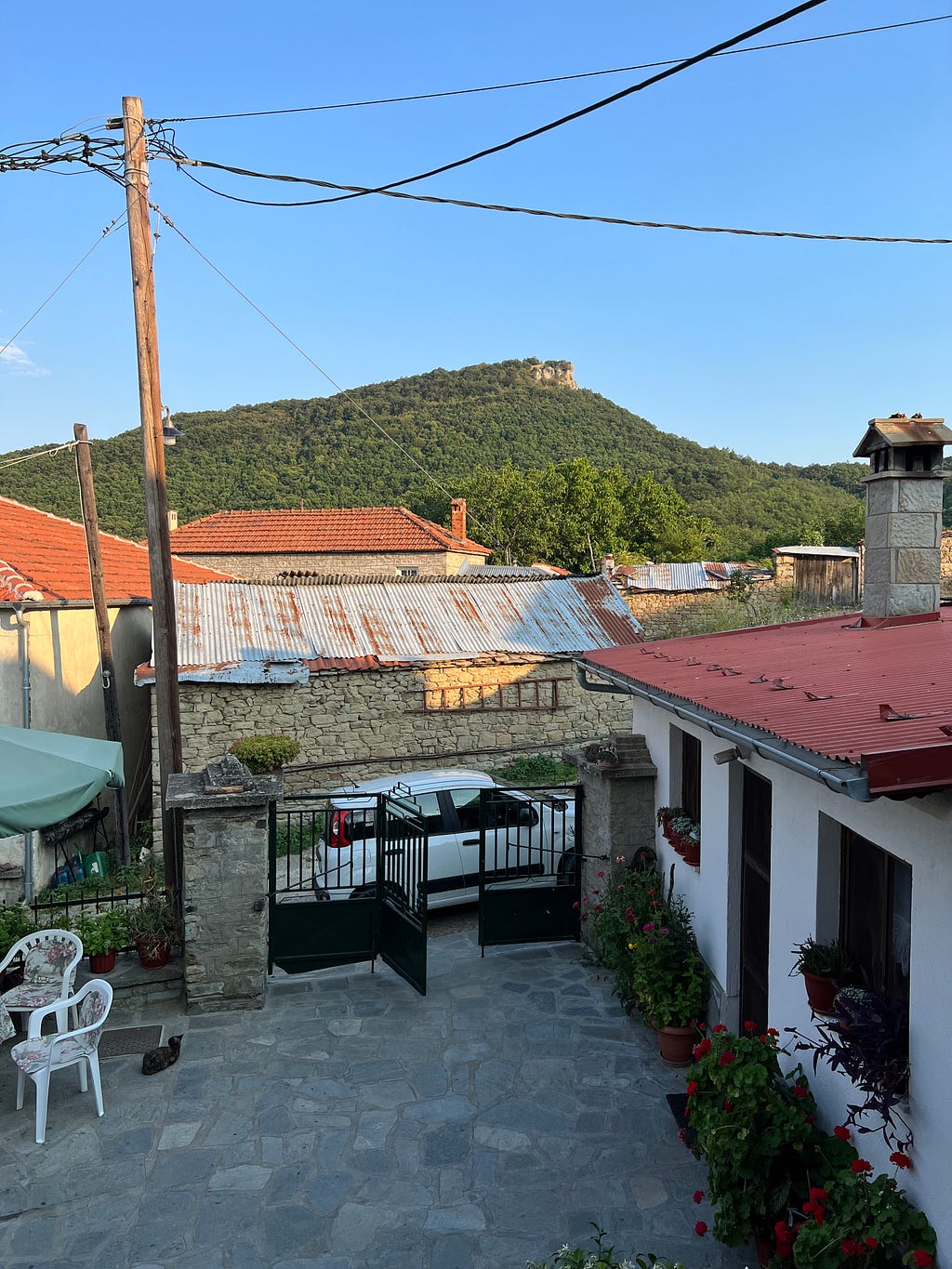 Balcony view of a mountain from dads childhood home in the village he grew up in