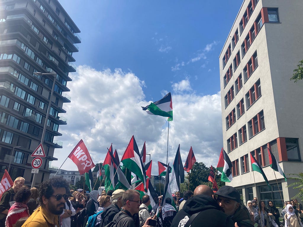 Protestors hold dozens of Palestinian Flags up against a stark blue sky
