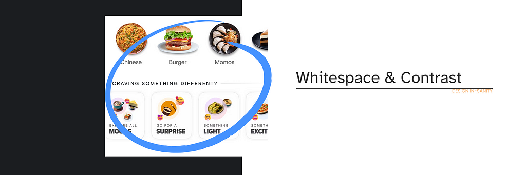 Swiggy app’s screenshot showing the ample use of whitespace and contrast in its design.