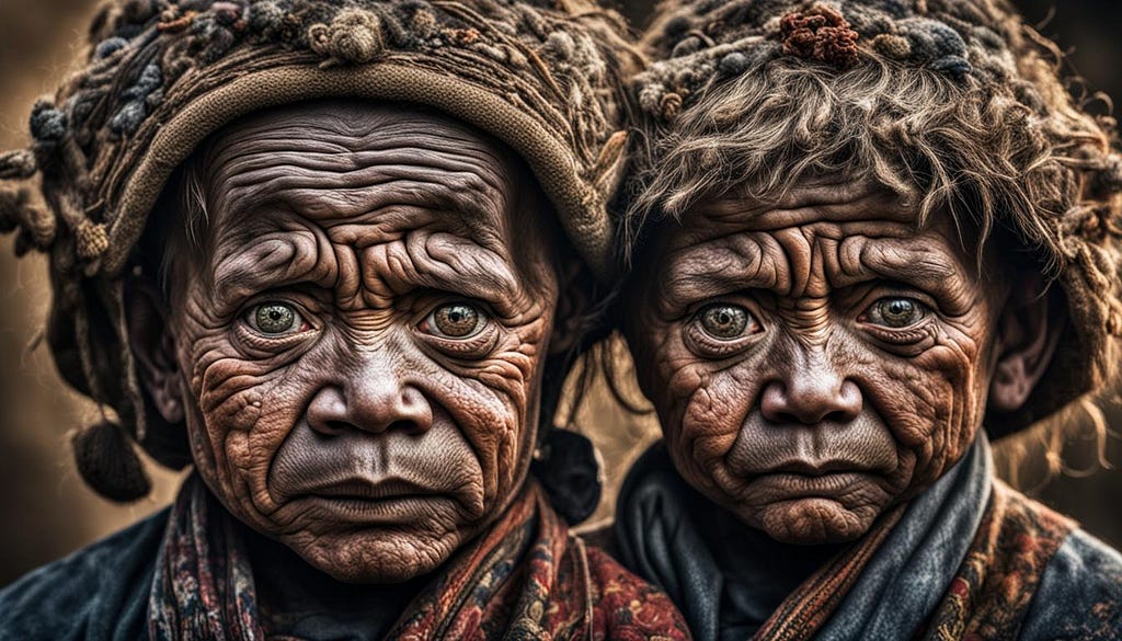 Faces of two women with many wrinkles