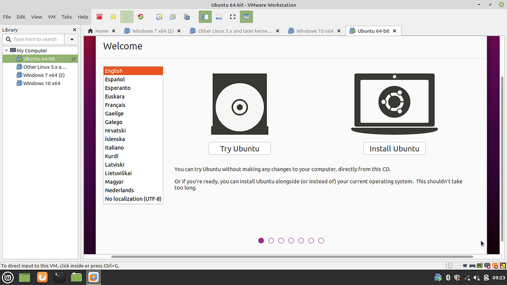 Select Try Ubuntu if you want to run Ubuntu in live mode. Select Install to continue the installation process.