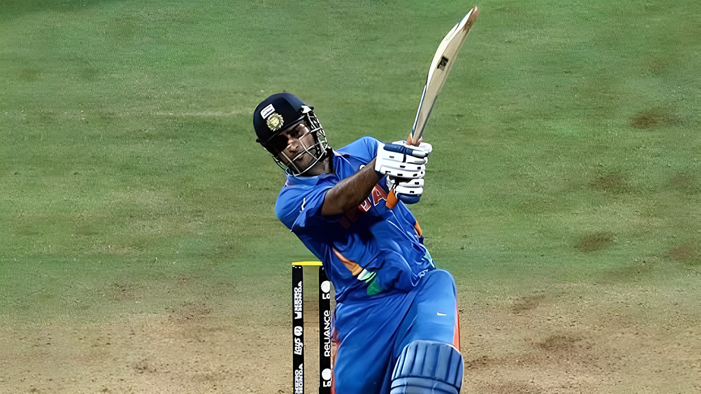 MS Dhoni’s majestic 6 in the 2011 World Cup final, echoing leadership excellence and cricketing glory.