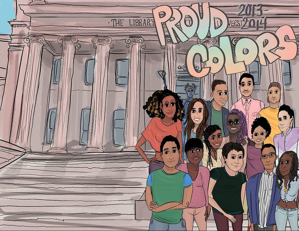Image of QTPOC individuals outside a library, borrowed from zine graphic by MOHAMMED FAYAZ — buy this zine asap