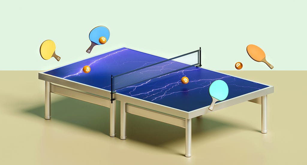 A Lightning Network themed ping pong table with paddles shooting bitcoin balls back and forth.