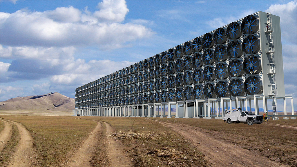 Approximately 120 stacked fans of roughly diameter 2m, situated in a desert used in the direct air capture of CO2