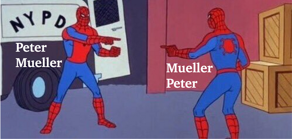 Spidy Peter Mulleer and Mueller Peter pointing at each other