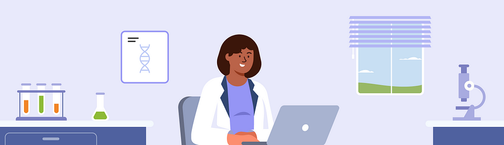 Illustration of a person in a scientist suit staring interestedly into a laptop screen