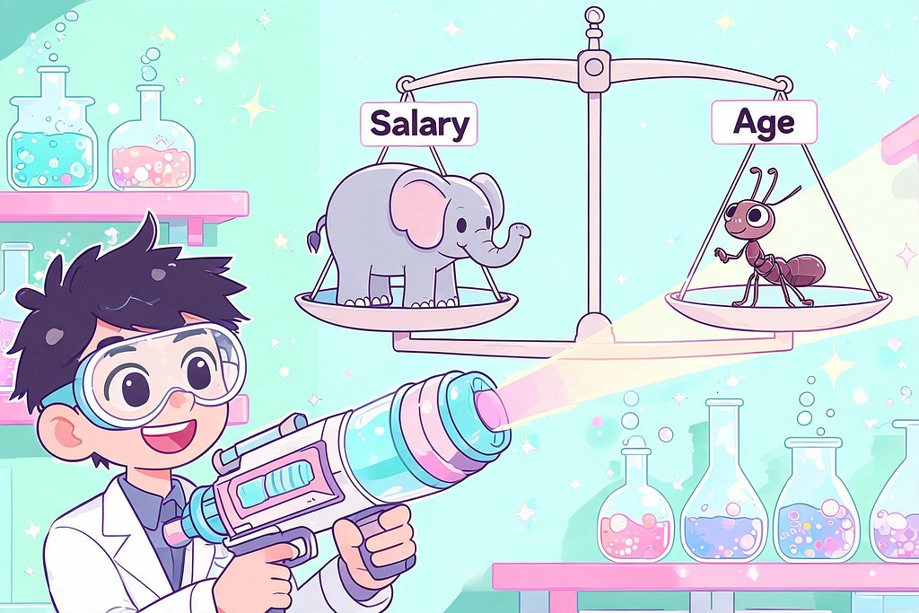 Cartoon scientist using a shrink ray to bring a giant elephant feature and a tiny ant feature to equal size for fair comparison