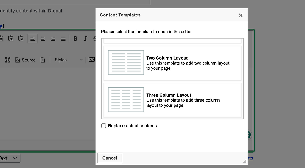 The CKEditor Templates user interface for selecting a template.