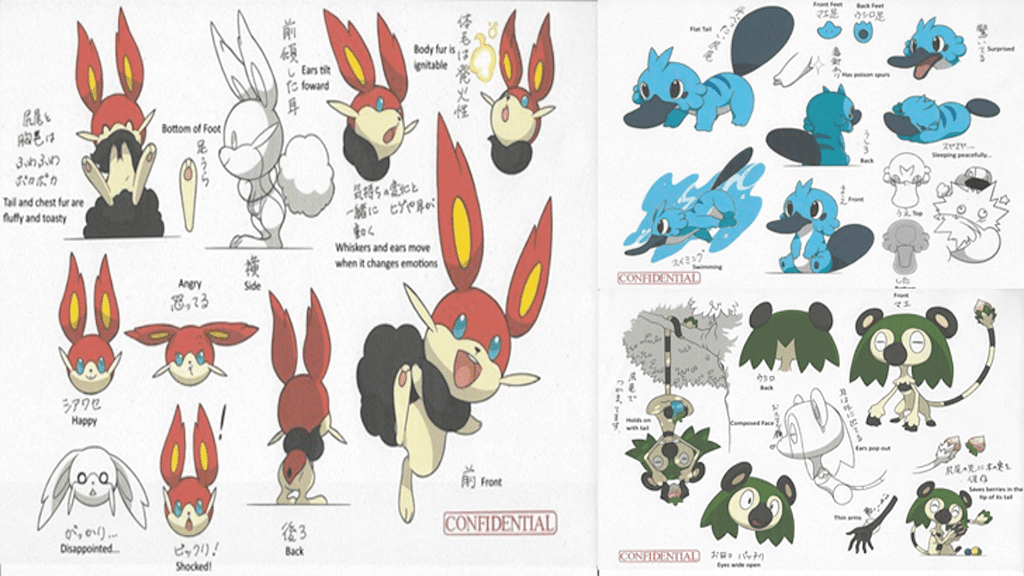 Three connected pages of drawings of fake Pokémon from multiple angles. On the left, a red and cream rabbit-like Pokémon is drawn emoting and interacting with fire. On the top right, a blue platypus-like Pokémon is drawn swimming. On the top right, a green and cream monkey-like Pokémon is drawn hanging from a tree. They are all annotated with Japanese text, which has been translated into English beside it. A red “confidential” label is in the bottom corner of each page.