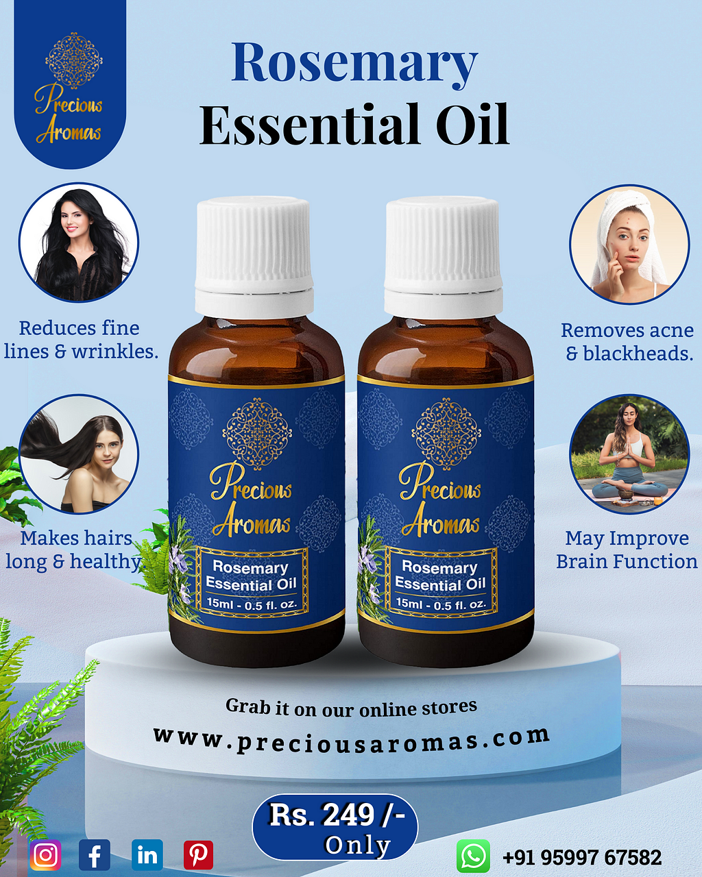 Our Rosemary Essential Oil is fresh and stimulating. It is considered the best oil for hair and scalp. Our product is 100% natural and organic.
 Our products have many kinds of benefits:
 🍂 This amazing oil reduces hair fall.
 🍂 It will boost your hair growth with regular use.
 🍂 Rich in antioxidants to enhance skincare.
 🍂 This oil improves the scalp.