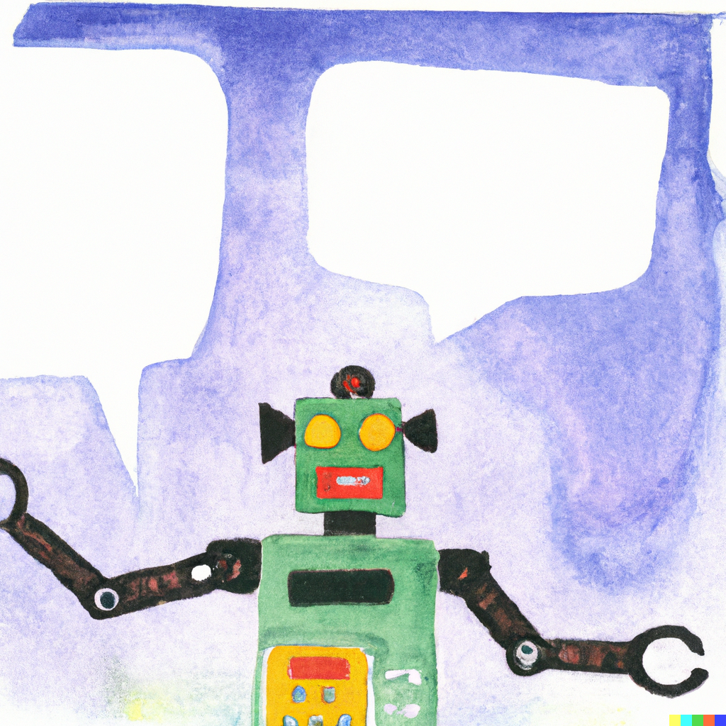 A storytelling robot with speech bubbles coming out in a watercolor style