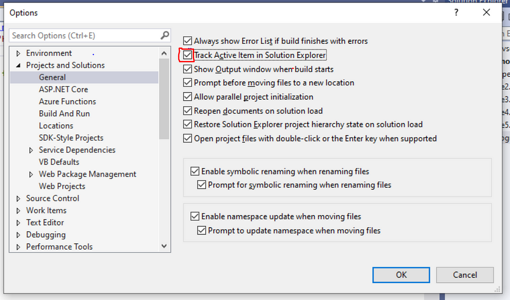 Tools -> Options -> Project & Solutions -> General and check “Track active items in Solution Explorer.”