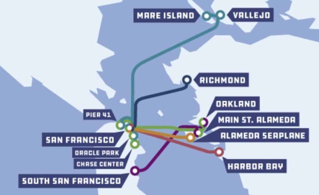 Map of the San Francisco Bay ferry routes, showing how different routes leaving from San Francisco can take riders to varied cities across the East Bay.