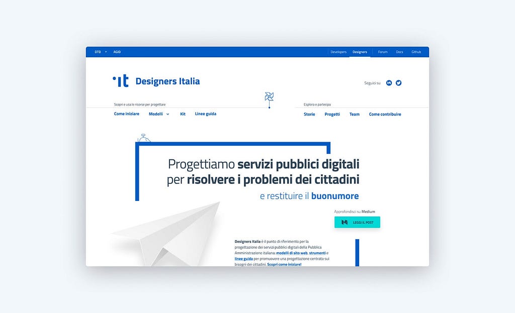 Progettiamo servizi pubblici digitali per risolvere i problemi dei cittadini e restituire il buonumore. Il sito Designers Italia, circa 2020.