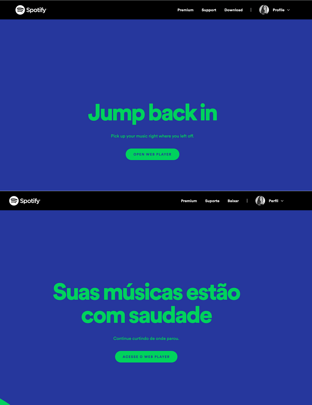 Acervo pessoal | Imagem: telas de acesso ao web player do Spotify nos idiomas Inglês e Português.