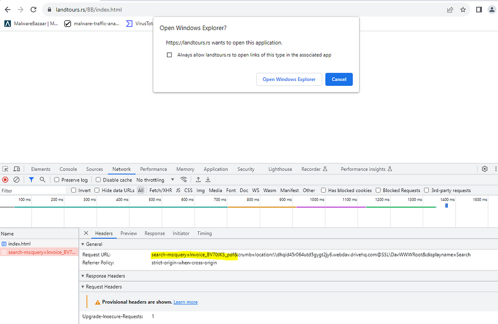 Screenshot showing a web popup saying “Open Windows Explorer?”