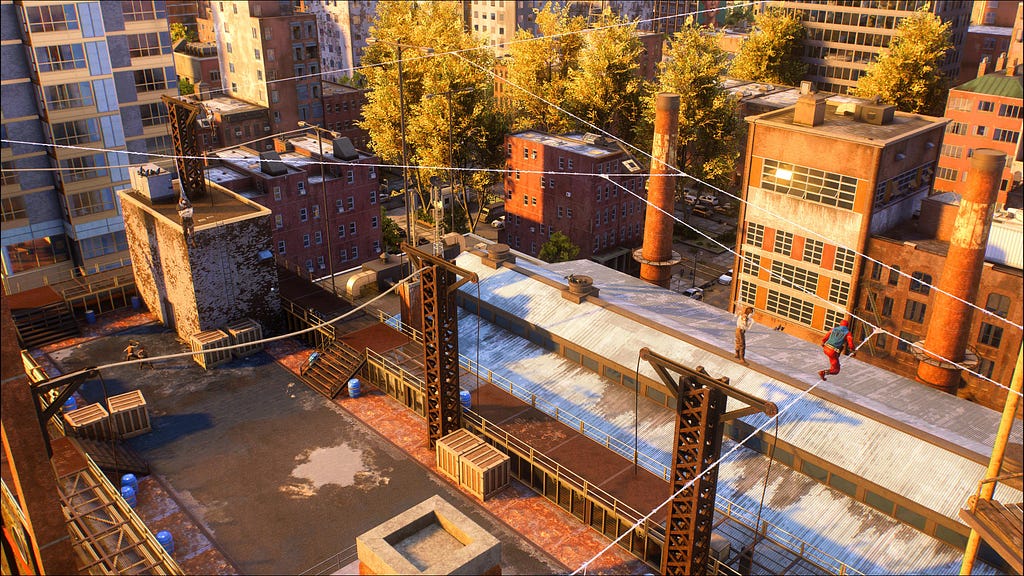 Wide shot shows a network of weblines almost forming a spider-web like structure here. At an abandoned railyard, Spider-Man stands on a webline created by attaching webs between two points.