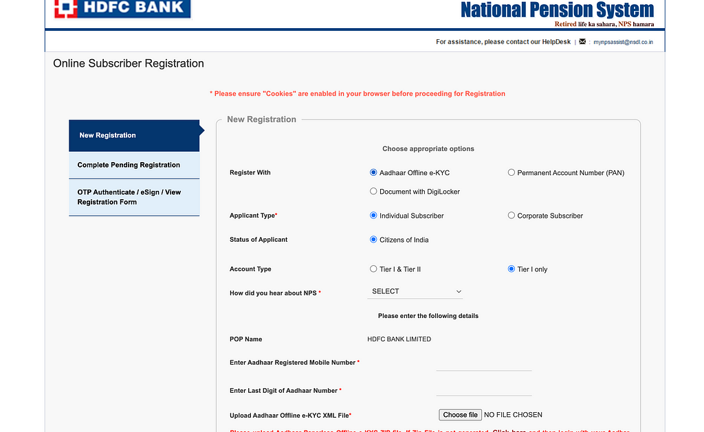 HDFC PAGE FOR NPS REGISTRATION VIA NSDL