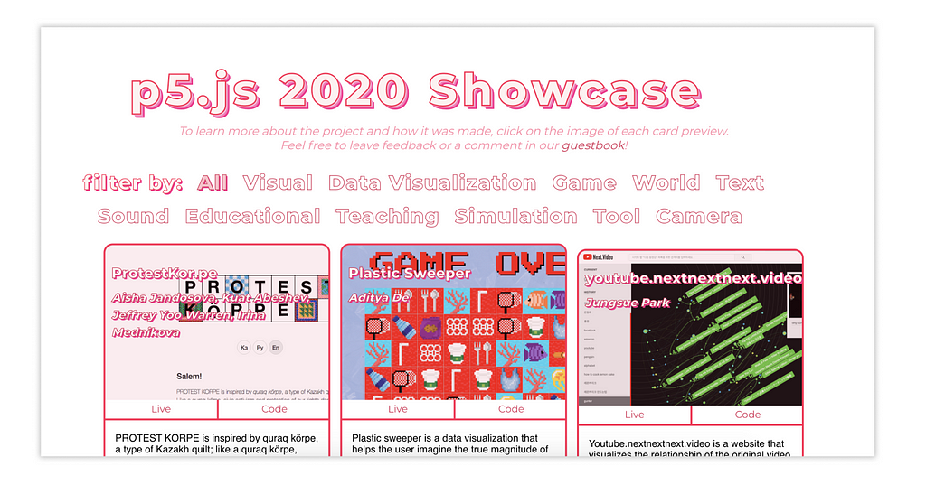 A screenshot of the Showcase with different filters applied, showing three different works