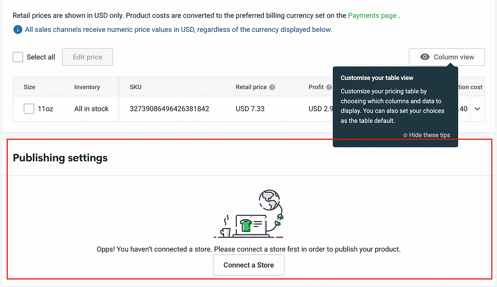 Printify product publishing page with message that says “Connect a store”