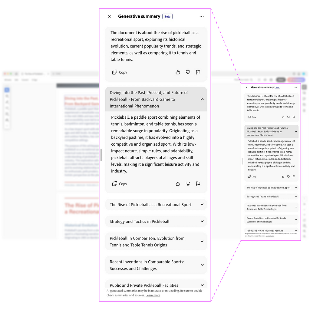”A blurry screenshot of a document open in Adobe Acrobat’s viewer. Superimposed over it is exploded view of the right side panel showing AI Assistant’s overview and sample questions.