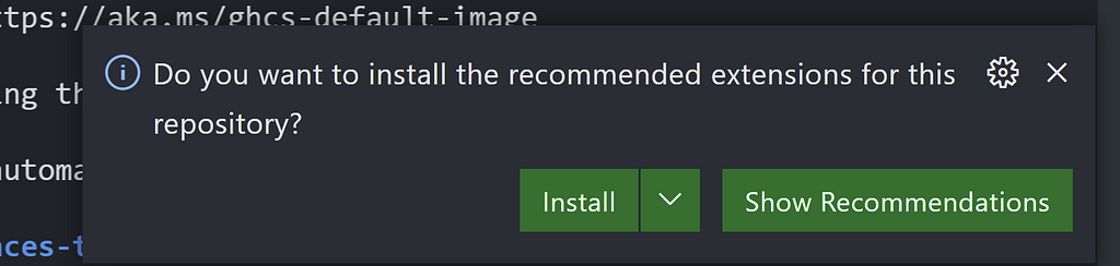 Screenshot of Github Codespaces prompt to install recommended extensions. Cursor is hovering on the Install button.