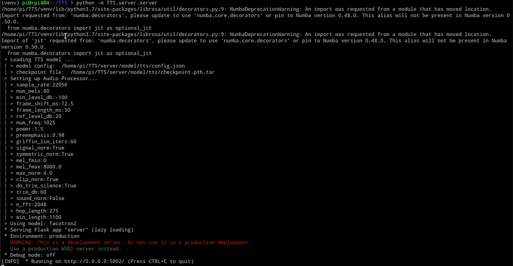 Terminal output when the server is started showing various configuration parameters and the URL to access the server at.