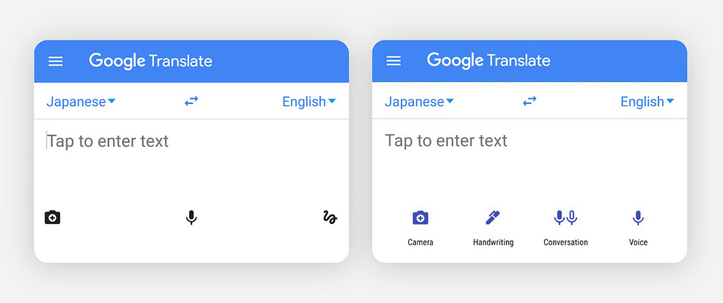 Screenshots of the Google Translate experience before and after adding text labels to icons.