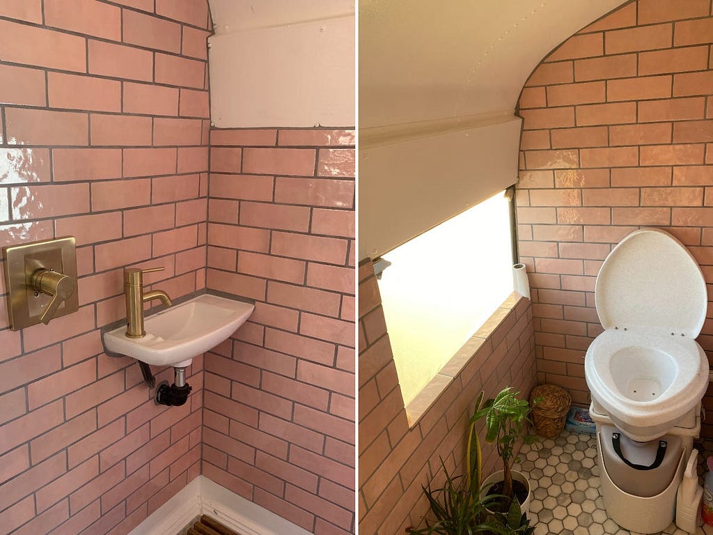 The bathroom includes a shower, sink, and compost toilet.