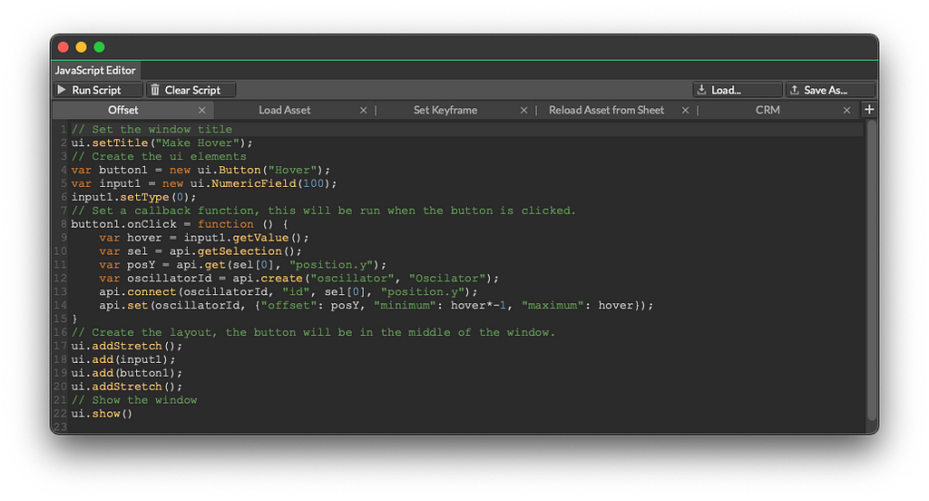 A screenshot of the JavaScript Editor window.