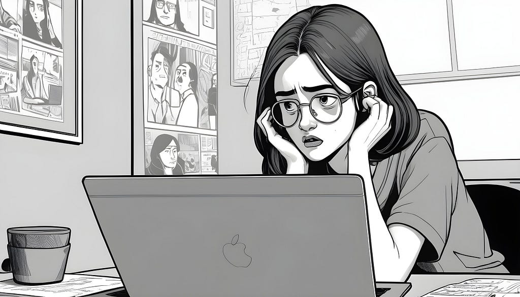 An image of a girl anxiously looking at her laptop