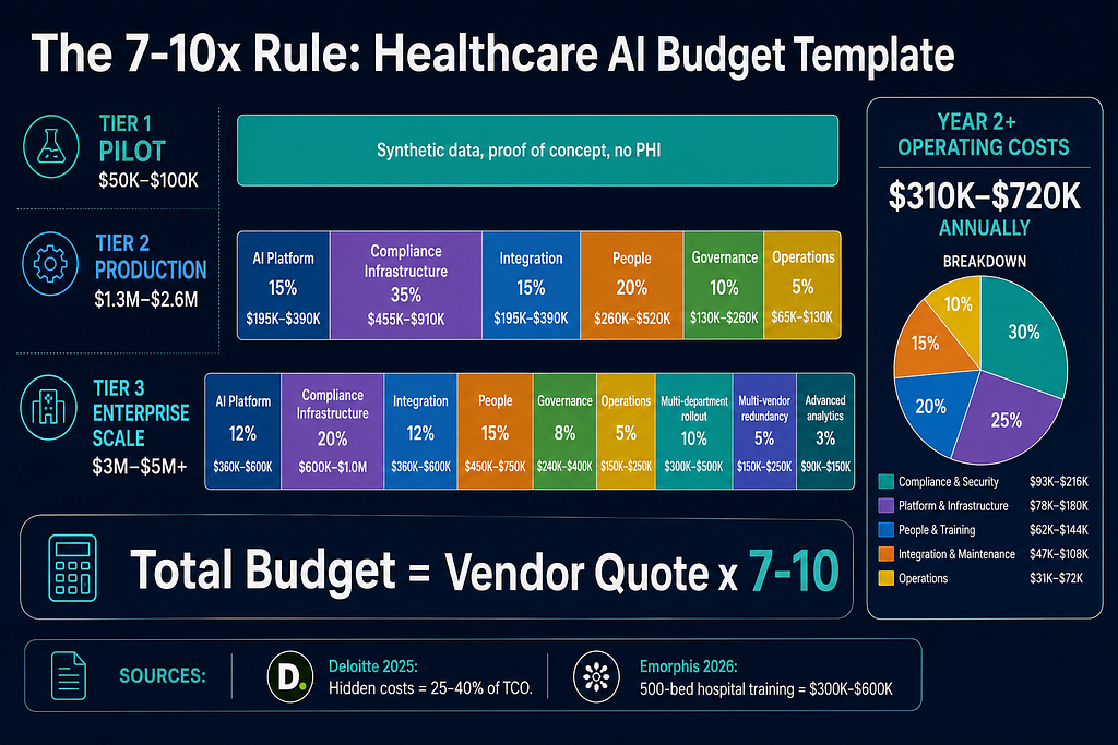 Professional budget template showing three deployment tiers on dark background. Pilot tier at $50K-$100K for proof of concept. Production tier at $1.3M-$2.6M broken into six categories where compliance infrastructure is 35% of total. Enterprise tier at $3M-$5M+. Annual operating costs shown as $310K-$720K. Formula displayed: Total Budget equals Vendor Quote times 7 to 10.