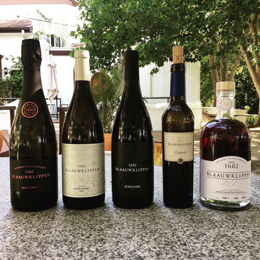 Blaauwklippen Zinfandel range — MCC, white Zinfandel, Zinfandel, Noble Late Harvest Zinfandel and the Zin Gin