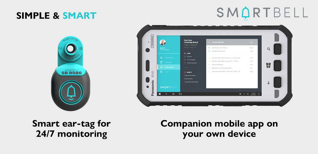 Smart ear-tag for livestock that provides 24/7 monitoring and a companion mobile app which provides farmers accurate animal welfare information